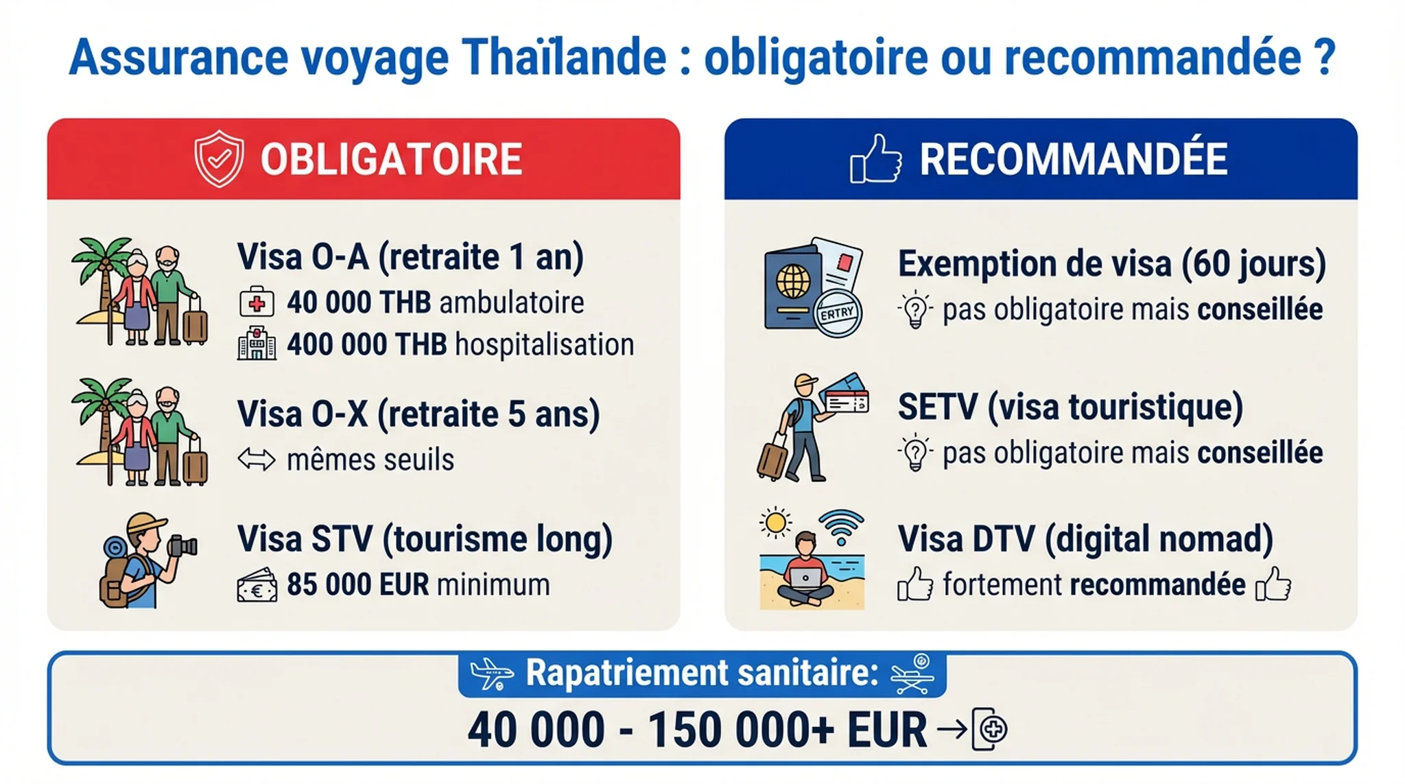 Infographie : quand l'assurance voyage est obligatoire ou recommandée en Thaïlande selon le type de visa